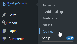 Booking Calendar settings menu in WordPress dashboard