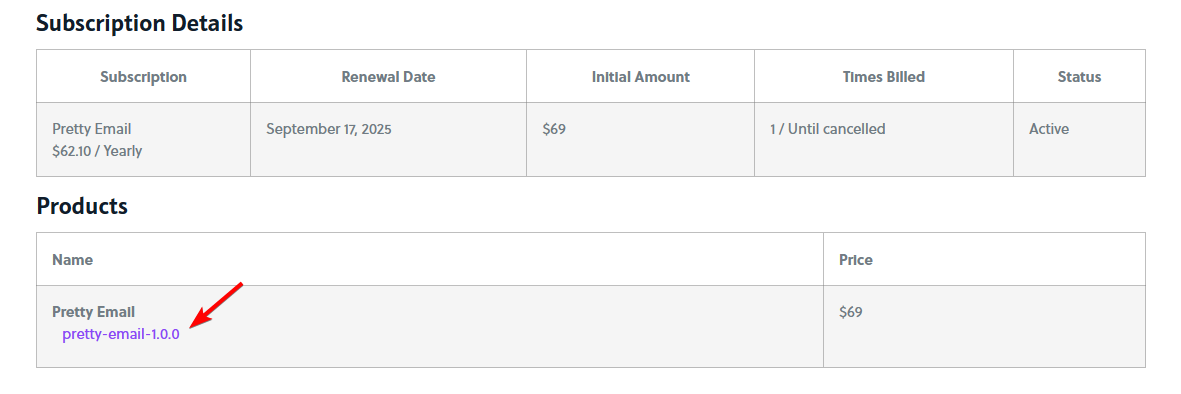BracketSpace products download table with Pretty Email plugin link
