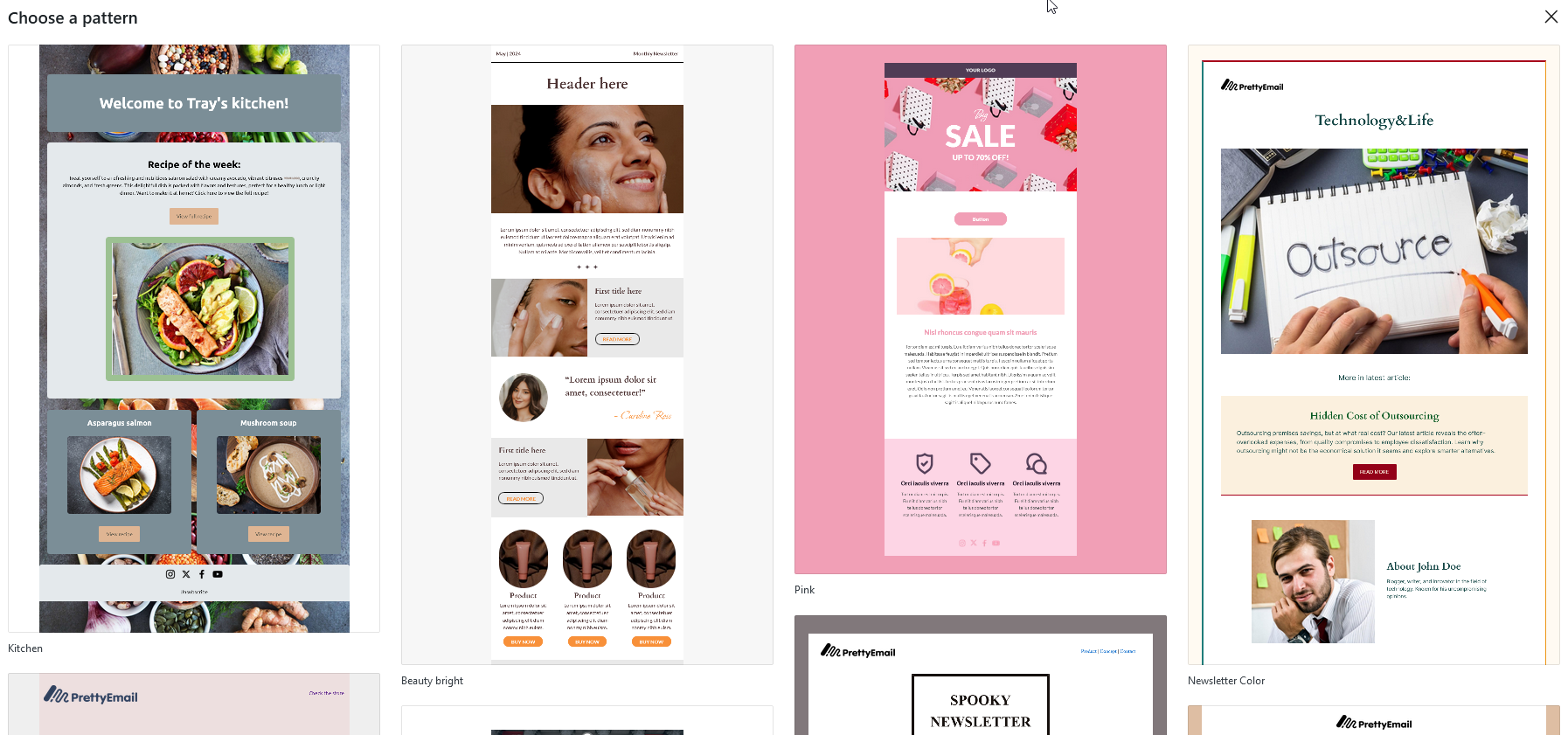 Email template preset selection gallery