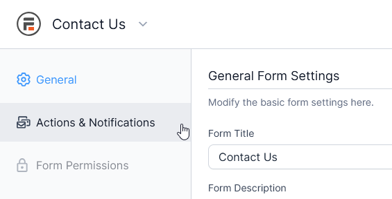 Formidable Forms Actions &amp; Notifications tab interface