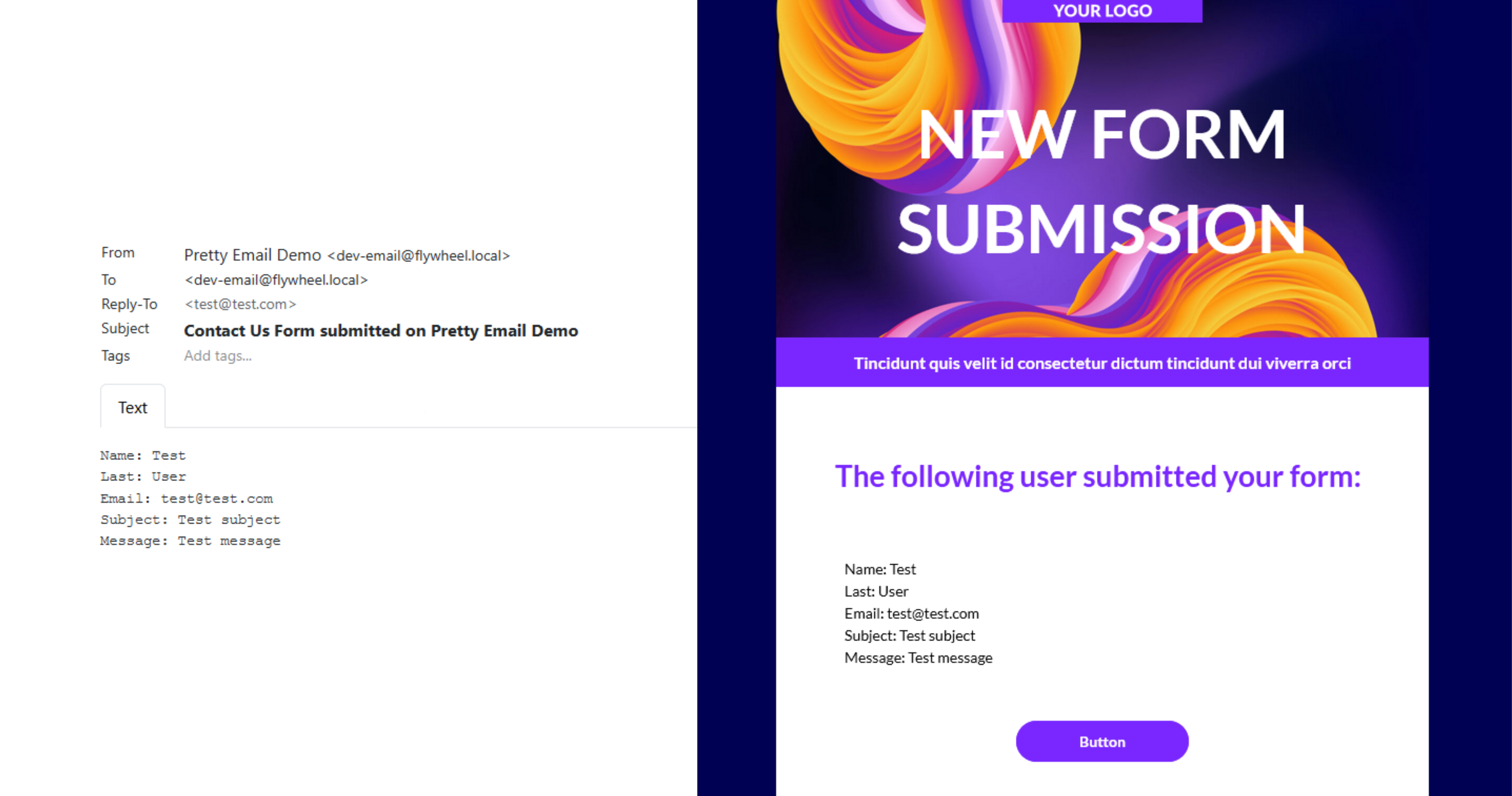 Before and after comparison of Formidable Forms emails with Pretty Email templates