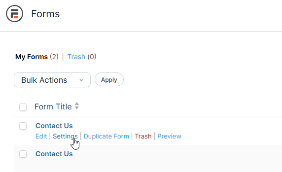 Formidable Forms settings button for form configuration
