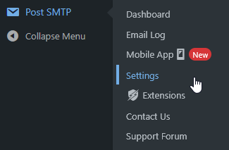 Post SMTP settings menu in WordPress admin dashboard