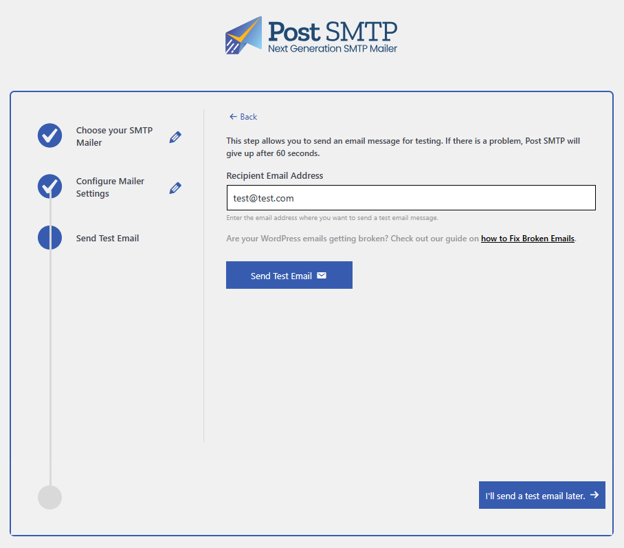 Post SMTP test email interface