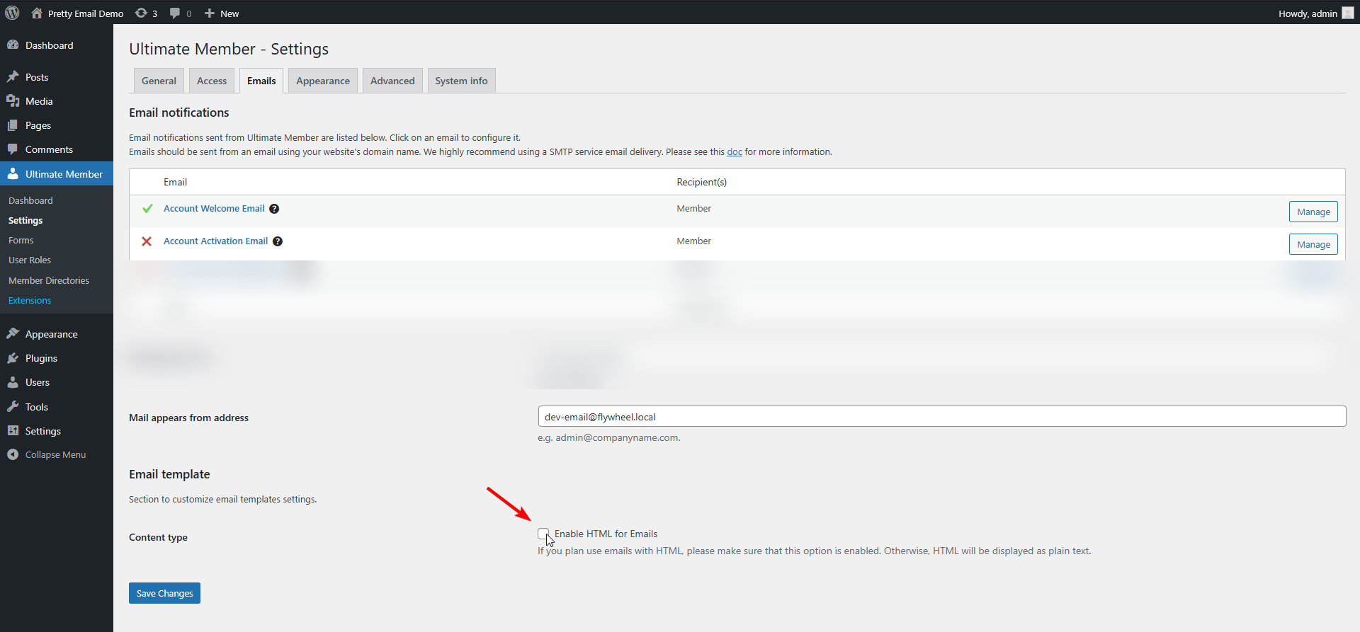 Ultimate Member Enable HTML for Emails checkbox setting