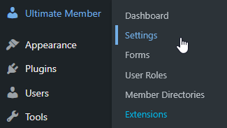 Ultimate Member settings menu in WordPress admin dashboard